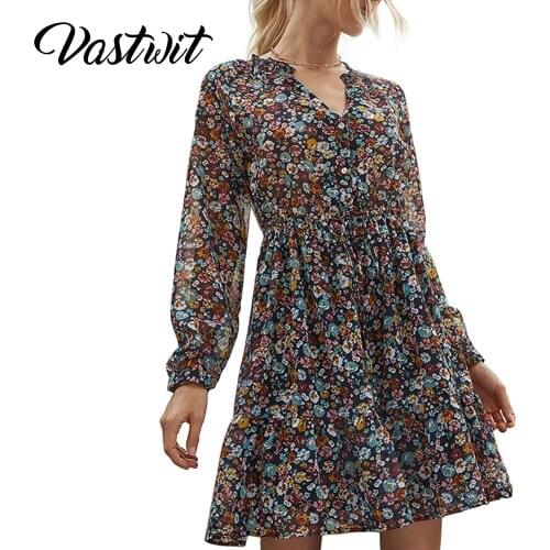 Summer Floral Print Dress Women Long Sleeve Chiffon Pleated V Neck Beach Mini Dresses