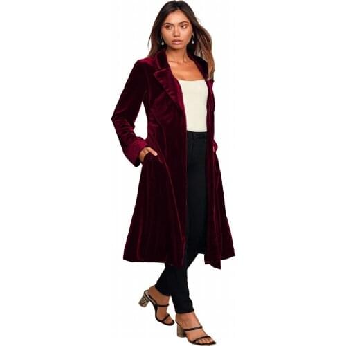Winter New Style Gold Velvet Long Windbreaker Cardigan Jacket Womens Solid Color Long Sleeves With Belt Urban Casual Long Coat