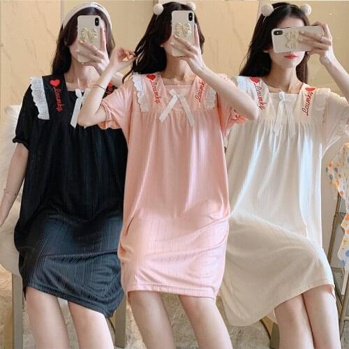 2021 Summer Short Sleeve Princess Cute Lace Bow Nightgowns for Women Korean Sleepwear Night Dress Nightdress Home Dress Nighty