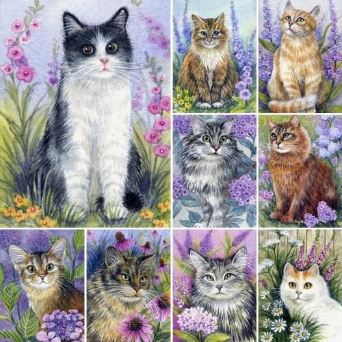 5D DIY Diamond Painting Cat Flowers Cross Stitch Kit Full Drill Embroidery Mosaic Art Picture of Rhinestones Home Decoration