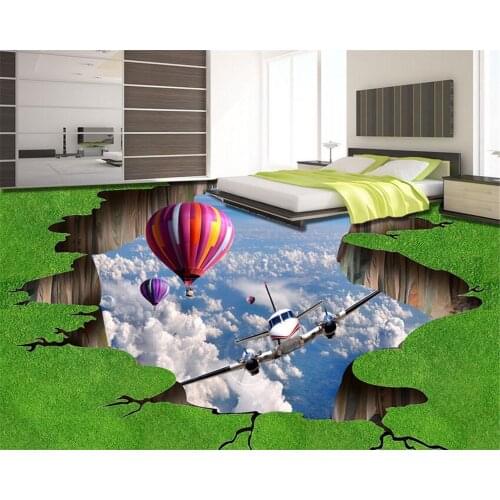 Beibehang Custom photo floor 3D grassland hot air balloon plane 3d floor hotel bathroom wallpaper sticky floor wallpaper