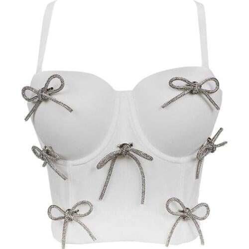 Glitter Bow Rhinestone Women Spaghetti Strap Crop Top Slim Nightclub Dance Performance Vest Sexy Push Up Corset Bra Bralette