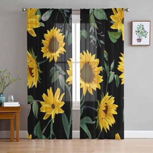 Sunflower Black Sheer Curtains for Living Room Bedroom Kitchen Chiffon Tulle Curtains Home Hotel Coffee Decor
