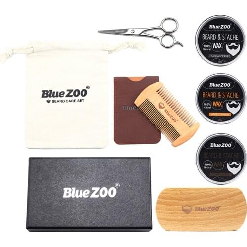 Men Travel Beard Kit Balm Comb Brush Mustache Scissors Grooming Shaping Shaving Set with Storage Bag