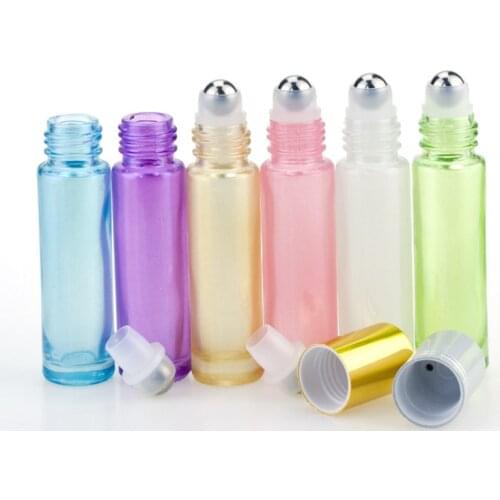 50pcs 10ml Pearl Colorful Thick Glass Essential Oil Roller Bottles Portable Travel Refillable Perfume Sample Rollerball Vial