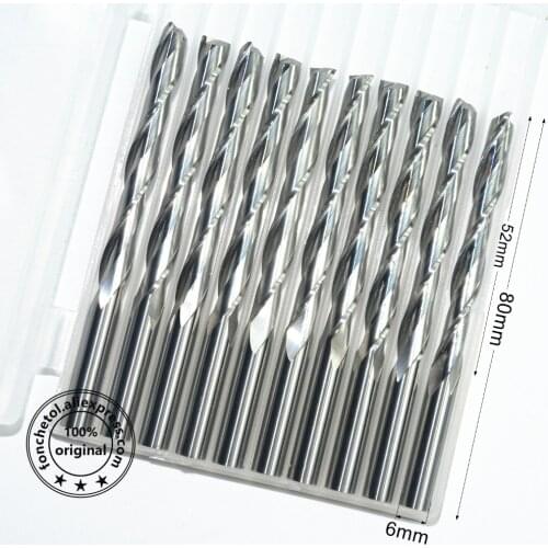 6mm*52mm,10pcs,Free shipping 2 Flutes End Mill,CNC milling Cutter,Solid carbide woodworking router bit,PVC,MDF,Acrylic,wood tool