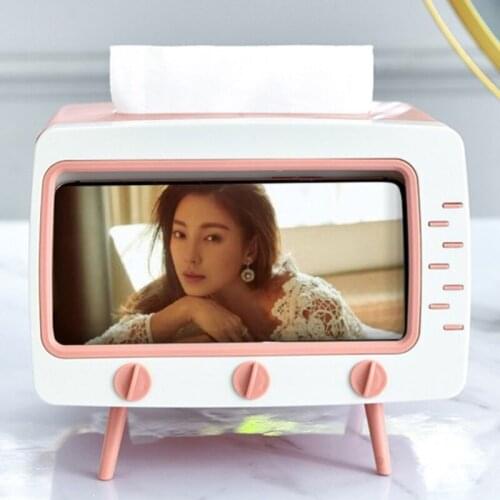 Creative 2 In 1 TV Tissue Box Desktop Paper Holder Dispenser Storage Napkin Case Organizer With Mobile Phone Holder