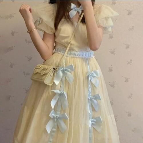Summer New French Lolita Retro Dress Hepburn College Short Sleeve Sweet Girl Dress Super Fairy Princess Bow Dress