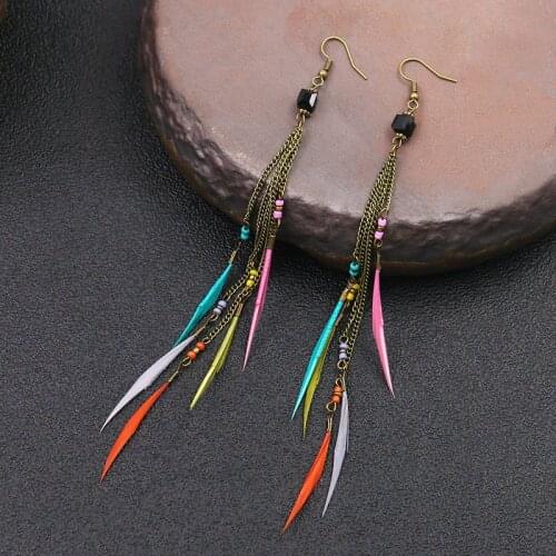 Summer Boho Style Rainbow Feather Earrings with Chain Tassel Gypsy Bohemian Tassel Long Earrings Rustic Rooster Feather 16.8cm