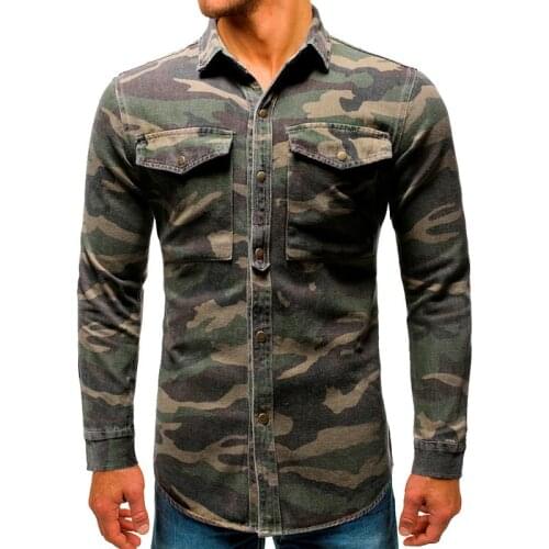 Men Shirt Camouflage Button Up Denim Cargo Pocket Turn Down Collar Top Blouse Camisa Vaquera Plus Size Hawaiian 3XL Streetwear