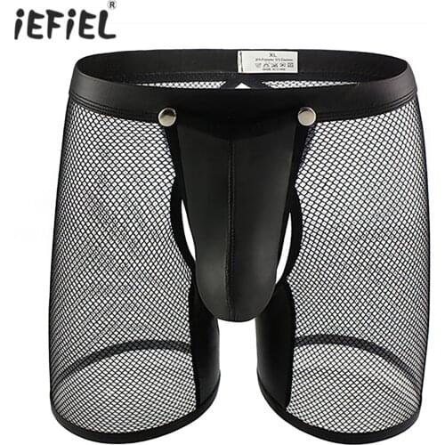 Men Faux Leather Patchwork Shorts See-through Mesh Open Butt Boxer Brief Low Rise Elastic Waistband Removable Bulge Pouch Bottom