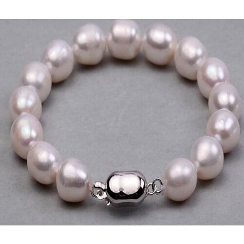 Men Big Pearl Bracelet 9-10mm Oval White Freshwater Pearl Bracelet Women