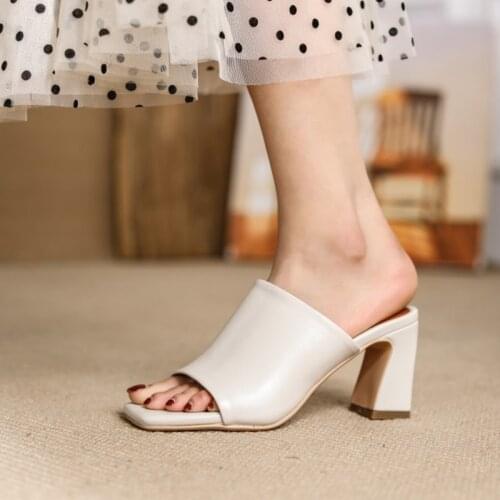 Wholesale Elegant Block High Heels Mules Slippers Women Sexy Square Open Toe Summer Slippers Slides Shoe Black Beige Brown 34-43