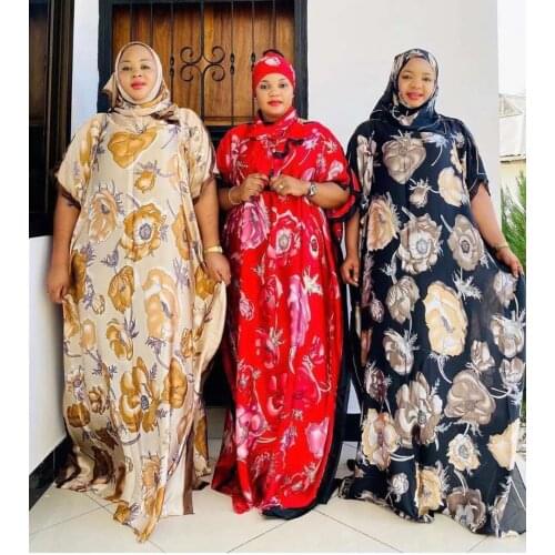 New Style African Loose Dresses Womens Dashiki Nigeria Fashion SILK 100% Material With Scarf print Long Dress Free Size