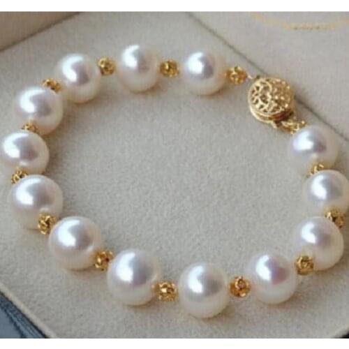 HUGE NATURAL 10-11MM ROUND SOUTH SEA GENUINE WHITE PEARL BRACELET GOLD CLASP
