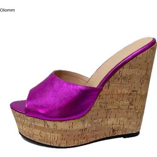 Olomm Women Platform Mules Sandals Sexy Wedges High Heels Sandals Open Toe Fuchsia Blue Red Party Shoes Women US Plus Size 5-20