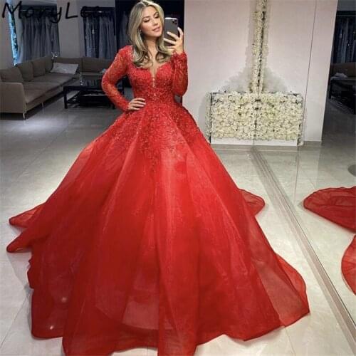 Prom Dresses V-Neck Long Sleeves A-Line Organza Lace Applique Crystal Beaded Prom Dresses Zipper vestidos de fiesta de noche