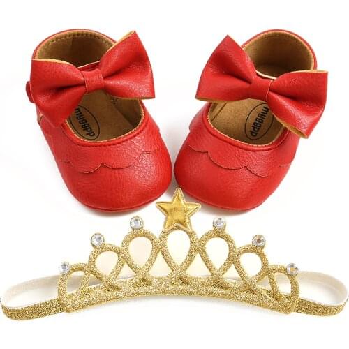 Princess Baby Baptism Shoes and Headband Set Cute Bowknot Mary Jane Flats and Crown Headband for Infant Girls