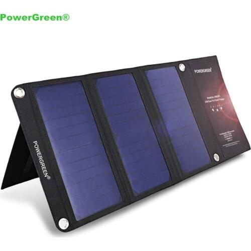 PowerGreen Solar Panel Charger Dual Ports Traveling 21 Watts Folding Solar Power Bank Solar Smart Charger Battery Bank for Phone