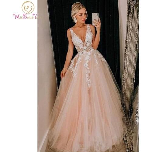Sheer V-neckline Lace Blush Pink Prom Dress Tulle Skirt 2021 Lace Applique Sleeveless A Line Sexy Party Long Evening Gown Custom
