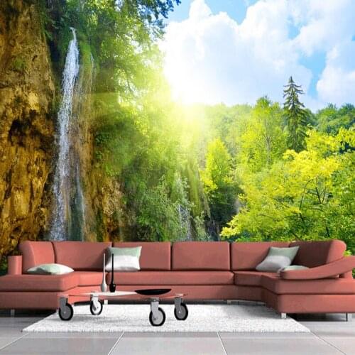 Dropship Custom 3D Wall Mural Wallpaper Home Decor Green Mountain Waterfall Nature Landscape 3D Photo Wall Paper For Living Room