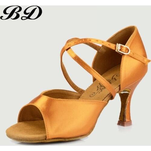 TOP Latin Dance shoes Women Cowhid Soft Sole Heel Cover Bag GIFT BD 221 Modern Shoe Fish Mouth Sweat-absorbent Silk Satin