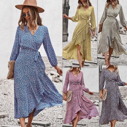 VITIANA Women Casual Long Dress Autumn Female Long Sleeve V-Neck Pullover Flower Blue Dresses Femme Elegant Vestidos