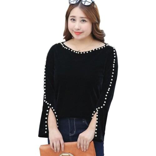 Oversized womens gold velvet t-shirt spring Long sleeve beaded O-neck casual top tees female Plus size cuff split t-shirt G851
