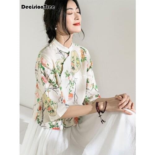 2021 cheongsam blouse silk linen qipao tops chinese style tang costume lady shirt printed chinese style cheongsam chiffon blouse