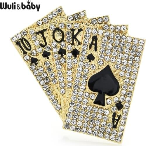 Wuli&baby Sparkling Full Crystal Poker Brooch Pins 10 J Q K A 2021 Designer Women Fashion Jewelry Gift