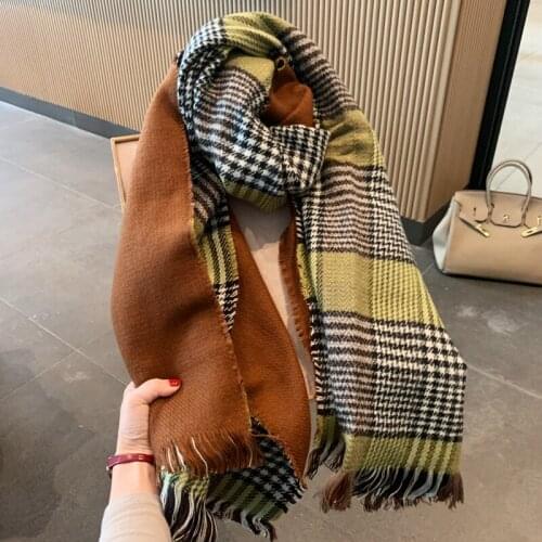 Womens scarves, Luxury houndstooth shawl, thickened warm check double-sided, imitation cashmere fringed scarf for women winter