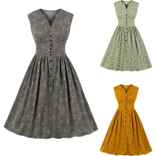French Sleeveless Floral Print Dress Hepburn Vintage 90s Single Breastead Waist Pinup A-line Rockabilly Swing Pleated Dresses