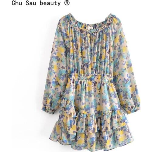 2021 Summer New French Vintage O-Neck Lace-Up Elastic Waist Long-Sleeve Floral Printed Ruffle Dress For Women Vestido