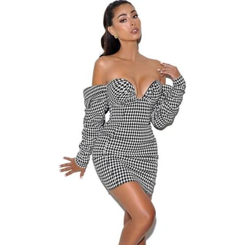 Winter Womens Retro Mini Full Sleeve Sexy Tube Top V-neck Houndstooth Bandage Dress 2021 New Celebrity Runway Party Dresses