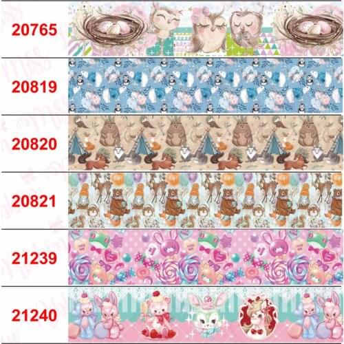 16mm-75mm Cartoon Zoo Animal Rabbit Owl Printed Grosgrain/Elastic Ribbon Candy Lace Geometric DIY Hair Bowknots 50yards/roll