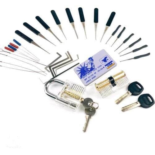 2pcs Transpare Locks with 22pcs Broken Key Pick Extractor Tools,Card Tools,Tension Wrench Tool, Lock Practice Pick Tools Kit
