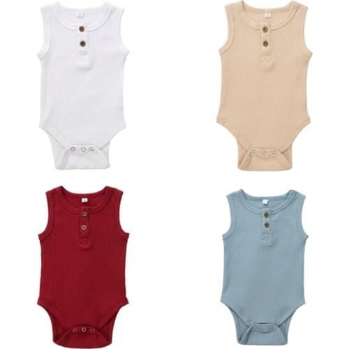 2021 Baby Summer Sleeveless Bodysuit Solid Color Ribbed Knit O Neck Button Down Jumpsuit Newborn Infant Cotton Outfits Sunsuits