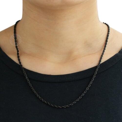 3mm Wide Mens Twisted Rope Link Chain Black Color Stainless Steel Chain Necklace Male Fashion Jewelry Daily Wear DKN403