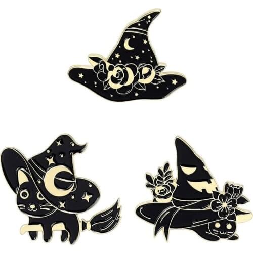 3Pcs Western Style Halloween Black Magic Cat Witch Hat Punk Flower Hat Brooch Non Fading Creative Pin