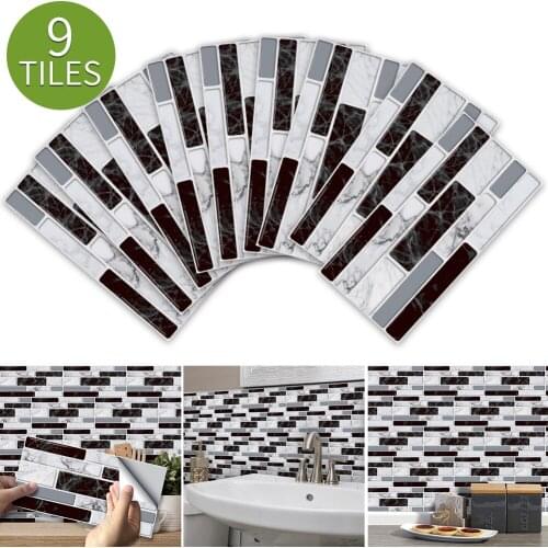 9pcs 3D Brick Tile Sticker Self-adhesive Wall Stickers Kitchen Floor Decor Bathroom Wallpaper Imitation Marble Tile Stickers