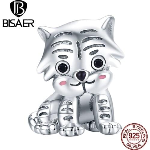 BISAER Little Tiger Beads 925 Sterling Silver CZ Animal Charms Fit Bracelet Necklace Pendant Cute Cartoon Jewelry Gift ECC1573
