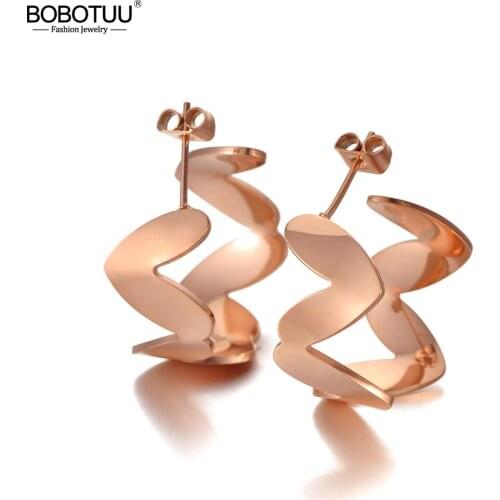 BOBOTUU Original Design Bohemia Love Heart Earrings Stainless Steel Trendy Rose Gold Earrings Jewelry For Women Girls BE20125