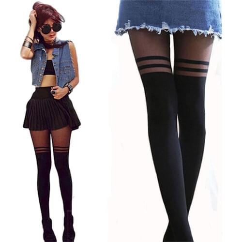 Black Women Temptation Sheer Mock Sexy Suspender Tights Women Sexy Pantyhose Stockings Female Knee Stripe Sheer Tights Stockings