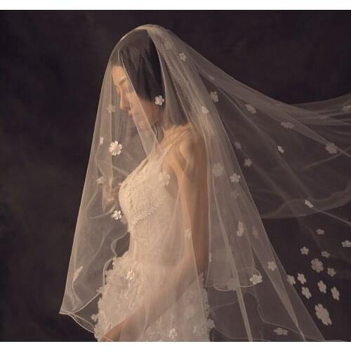 Bridal Veil 3d flowers veil scatter 3d flowers on tulle fish curlve edge veil Wedding Dress Veil