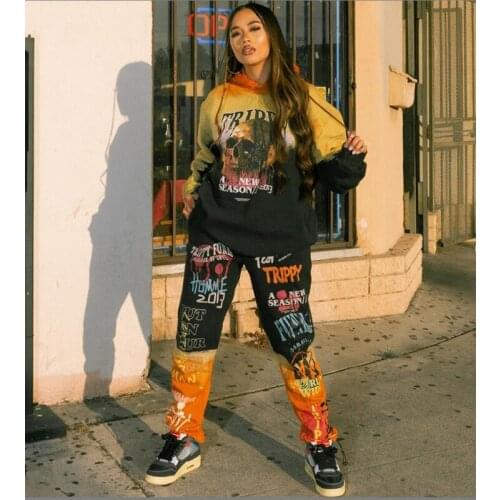 TNNAOFF Aesthetic Print Two Piece Hooded Tracksuits Women Set Long Sleeve Crop Top Fashion Sweatpants Streetwear Matching Sets