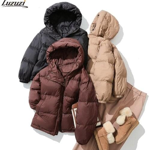 Luzuzi 2021 New Winter Down Jacket Women Short Hooded White Duck Down Coat Loose Thick Warm Puffer jacket Female Snow Outwear