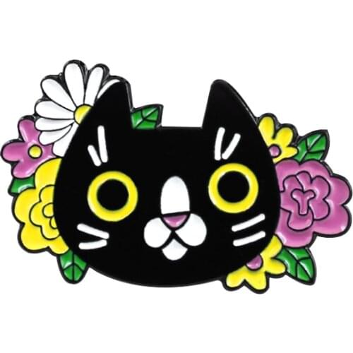 Black Cat Badge Pin Color Flower Round Black Cat Metal Enamel Brooch Cute Sweet Dress Backpack Hat Jewelry Accessories Gifts