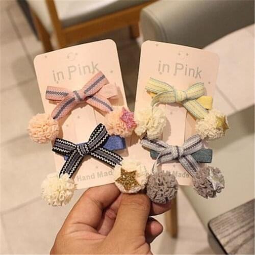 5set/lot Fashion Girls Tulle Hair Bow Clips Sweet Fluffy Ball Pom Poms Stars Hairpin Hair Accessories Princess Casual Headdress