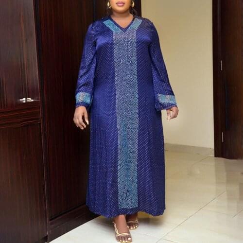 Muslim 2021 Summer New Womens Large Size Solid Color Hot Drilling Dress Fashion Loose Casual V-neck Long Sleeve African