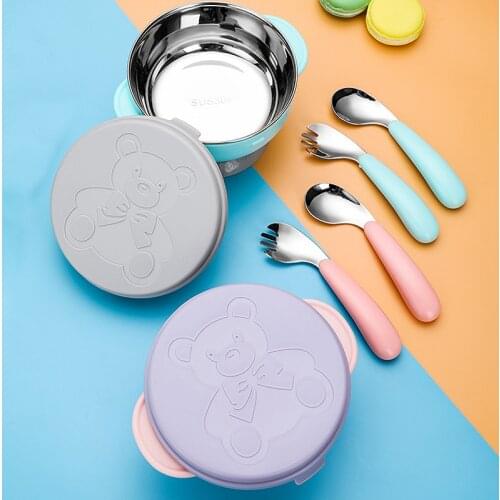 Baby Dinnerware Sets Stainless Steel Feeding Bowl for Children with Spoon Spork Cartoon Toddler Cup Insulated Sucker Plate